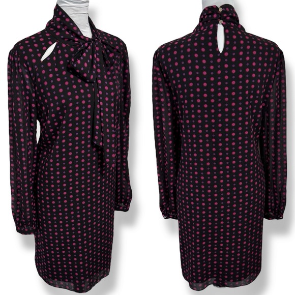 The Limited Dresses & Skirts - The Limited‎ Long Sleeve Tie Neck Shift Dress Size 10 Black Pink Polka Dot Retro